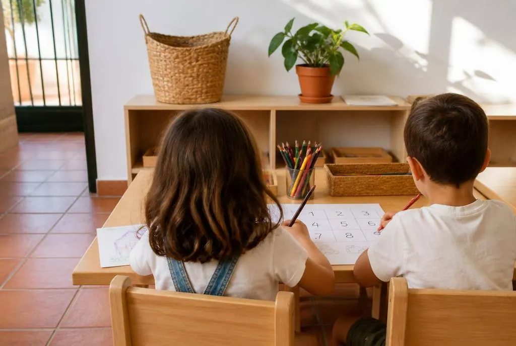 Niños de clase de preparación sentados en una mesa baja practicando números con lápices