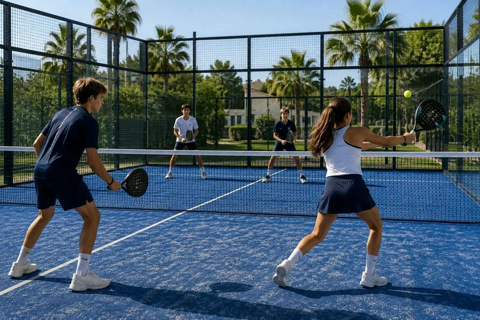 Padelbana med glasväggar intill skolan på Costa del Sol