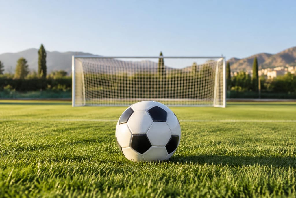 Fotboll på gräsplan med ett mål i bakgrunden, AI-genererad bild