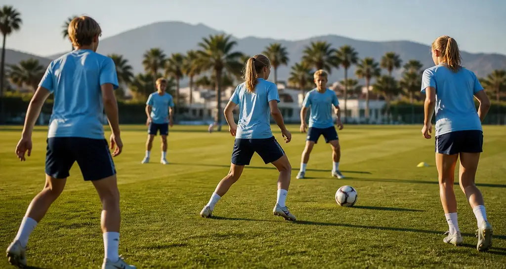 Fotbollsträning med Malmö FF:s skolakademi på gräs i Estepona