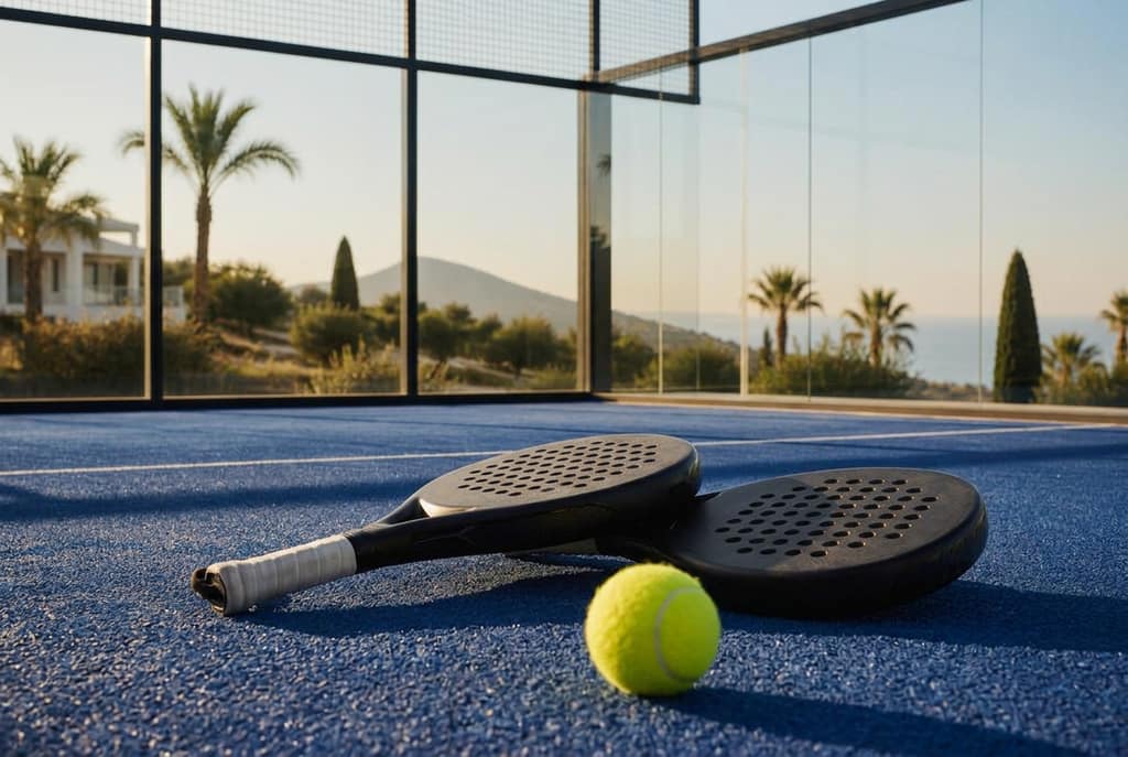 Två padelrack och en padelboll på blå padelbana med havsutsikt
