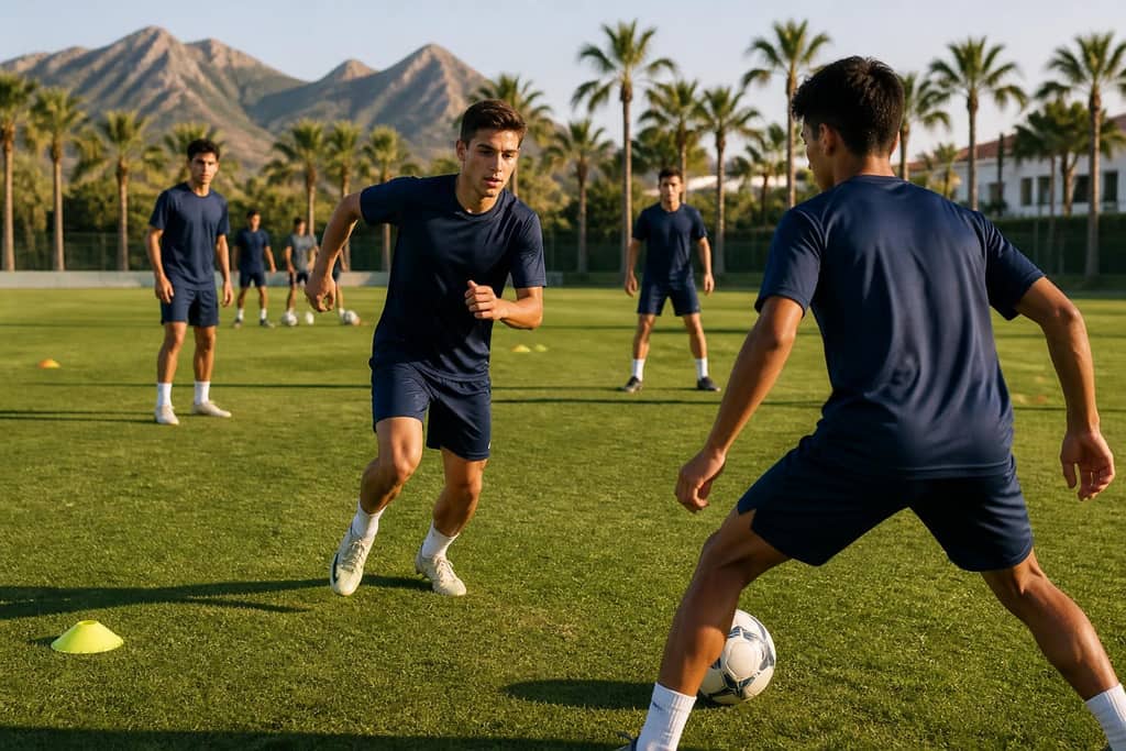 Ungdomar tränar fotboll på gräsplan i medelhavsmiljö